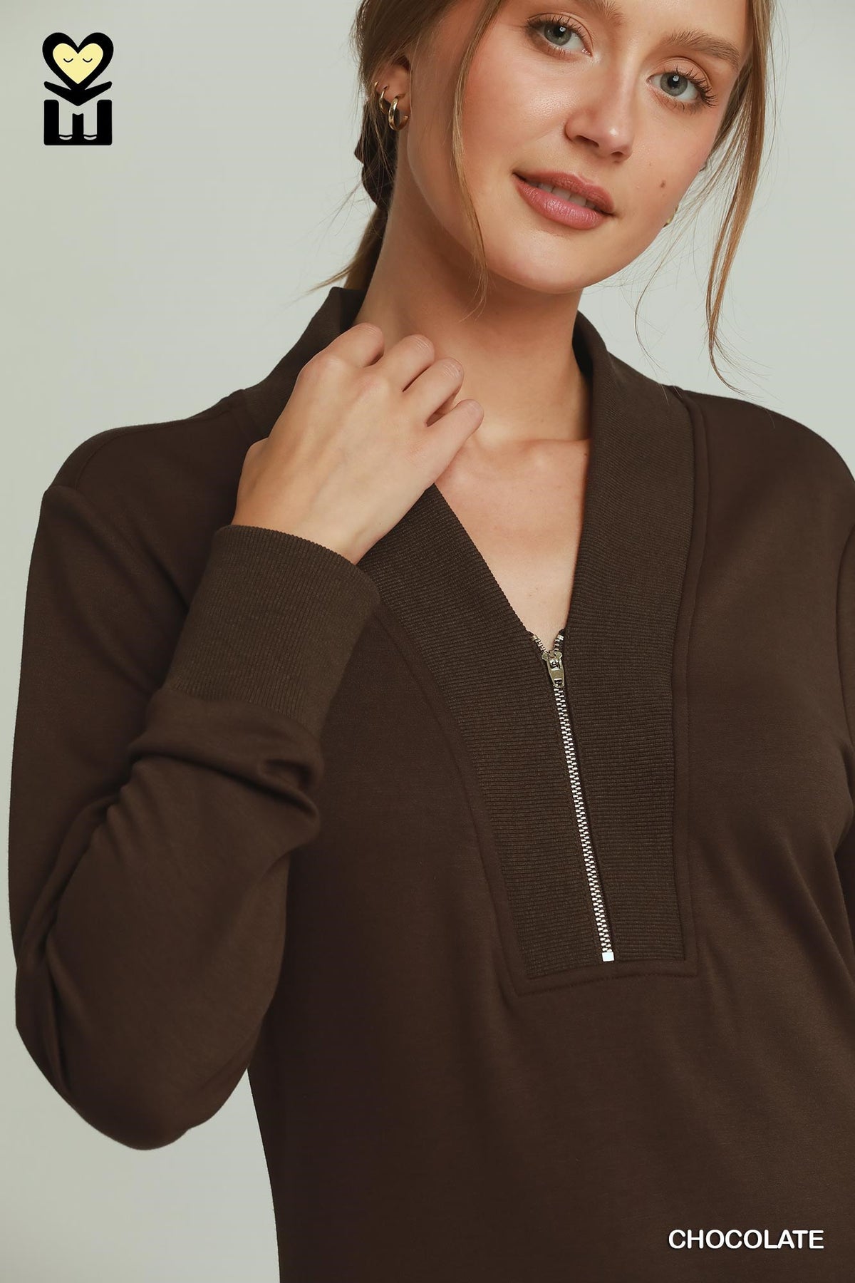 LuxeKnit Half-Zip Midi Dress (Chocolate Brown)