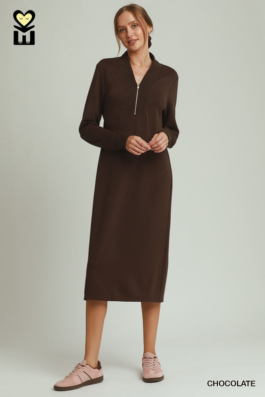 LuxeKnit Half-Zip Midi Dress (Chocolate Brown)