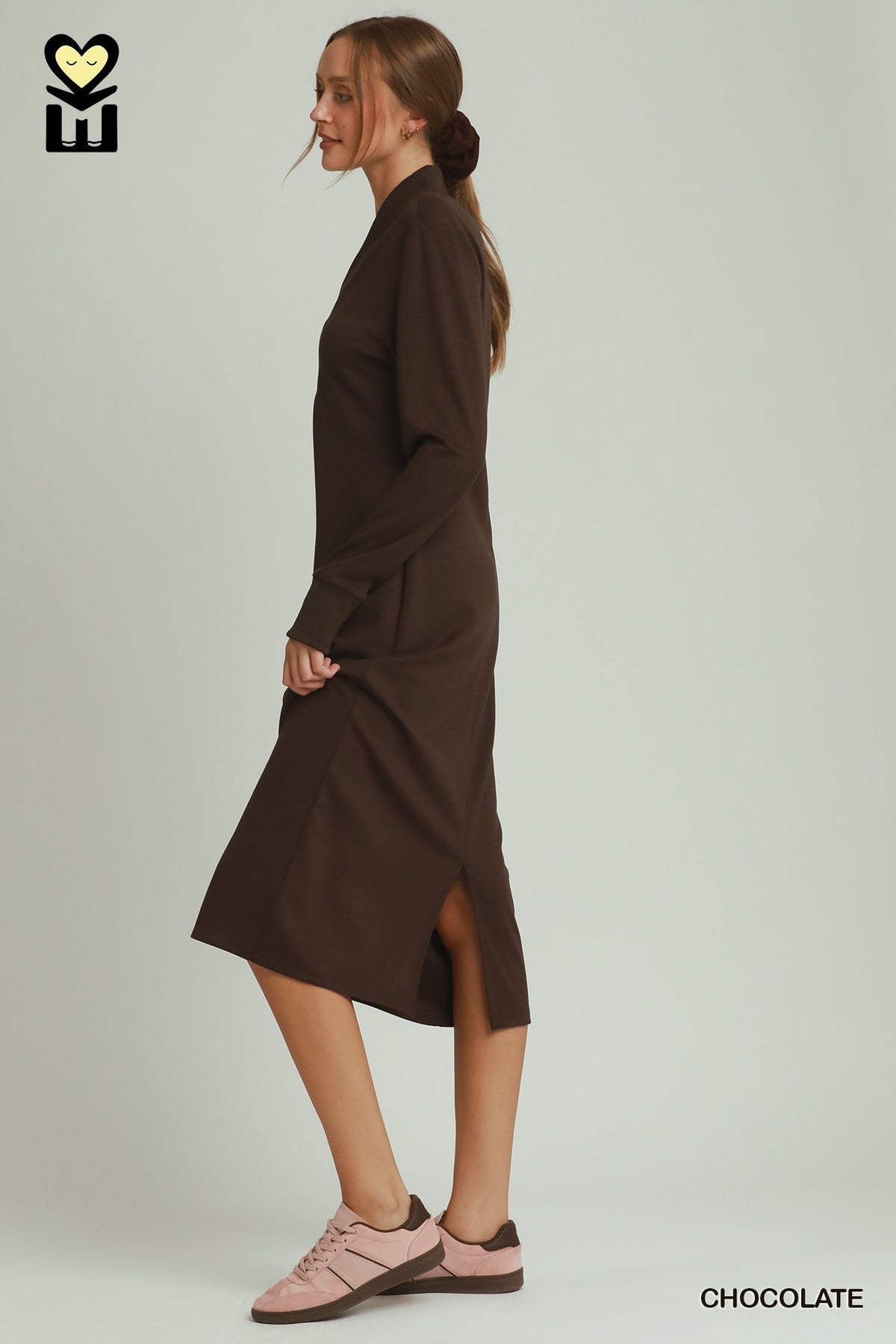 LuxeKnit Half-Zip Midi Dress (Chocolate Brown)