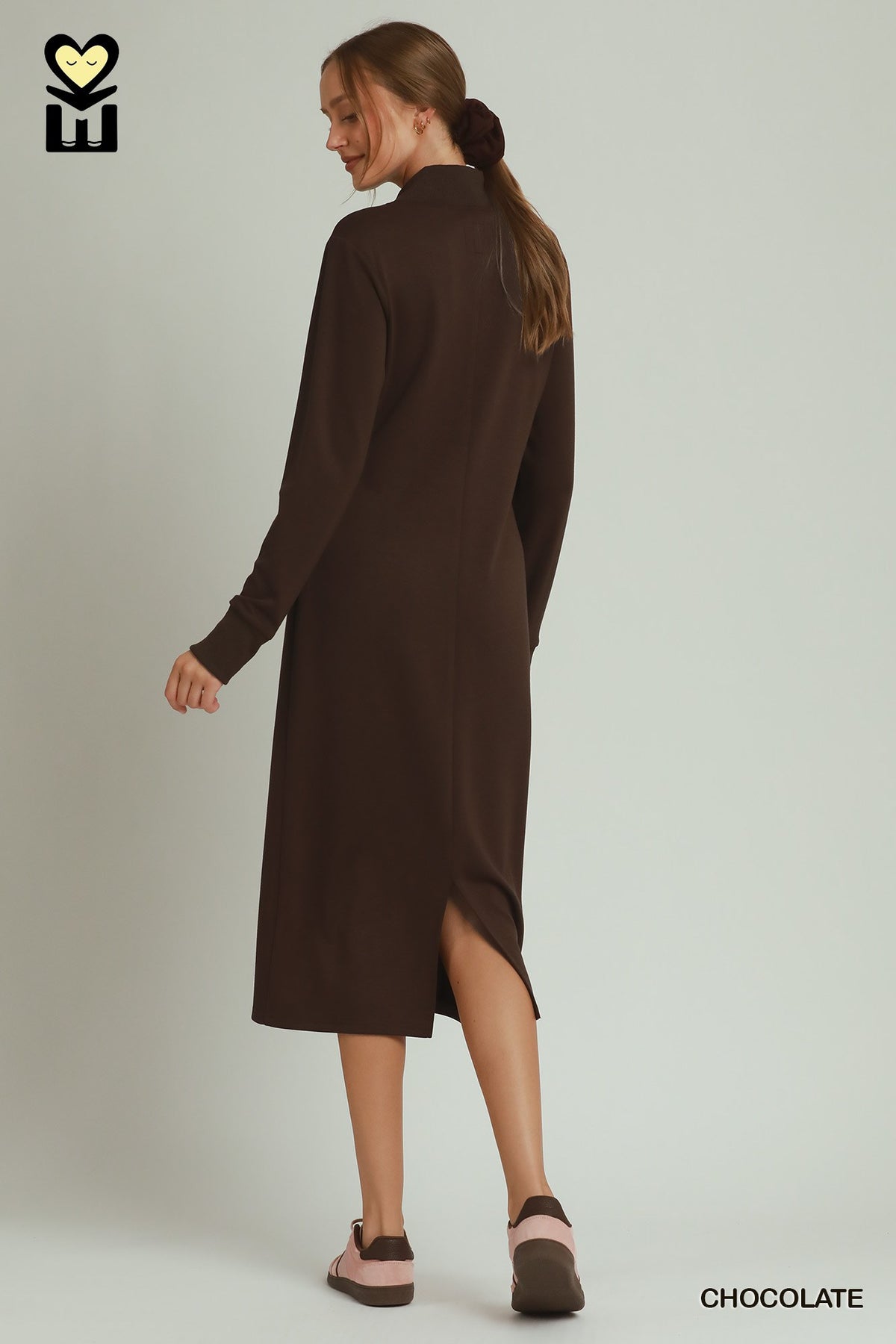LuxeKnit Half-Zip Midi Dress (Chocolate Brown)