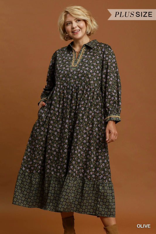 Floral Mix Media Print Midi Dress (Curvy)