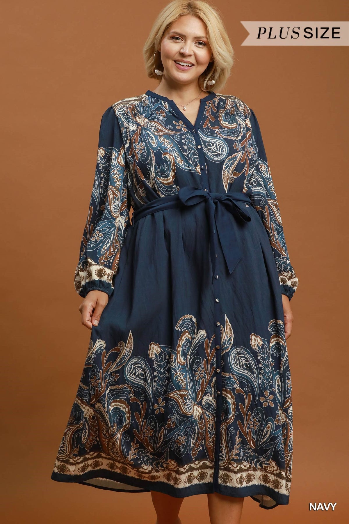 Abstract Print Tie Waist Midi Dress (Curvy)