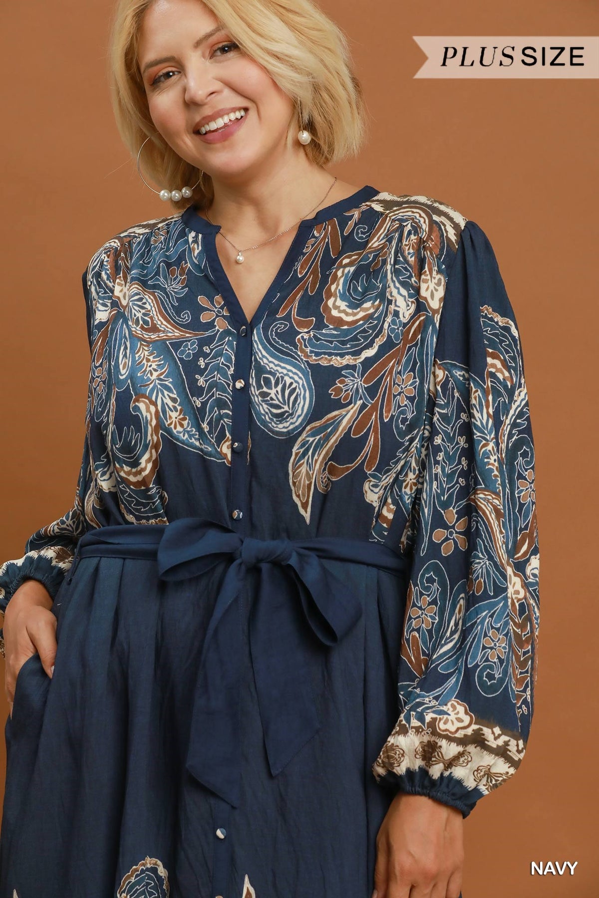 Abstract Print Tie Waist Midi Dress (Curvy)