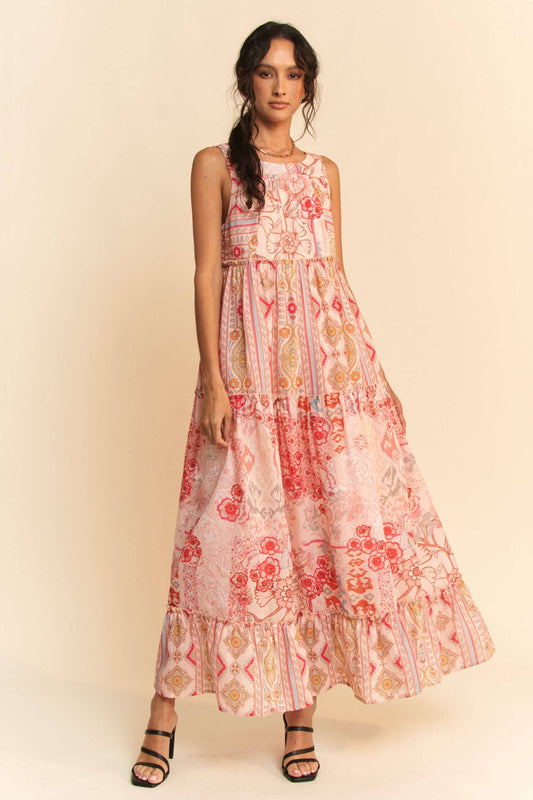 GEO FLORAL MIX SLEEVELESS TIRERED MAXI DRESS