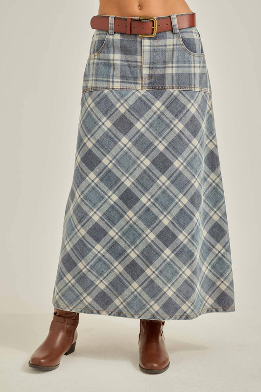 Denim Plaid A-Line Midi Skirt