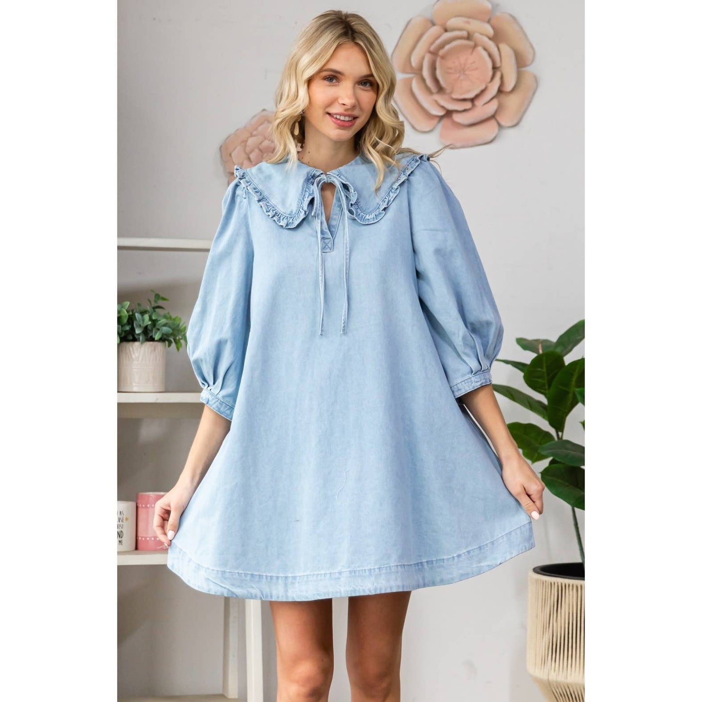 Ruffle V-Neck Denim Mini Dress with Tie Collar