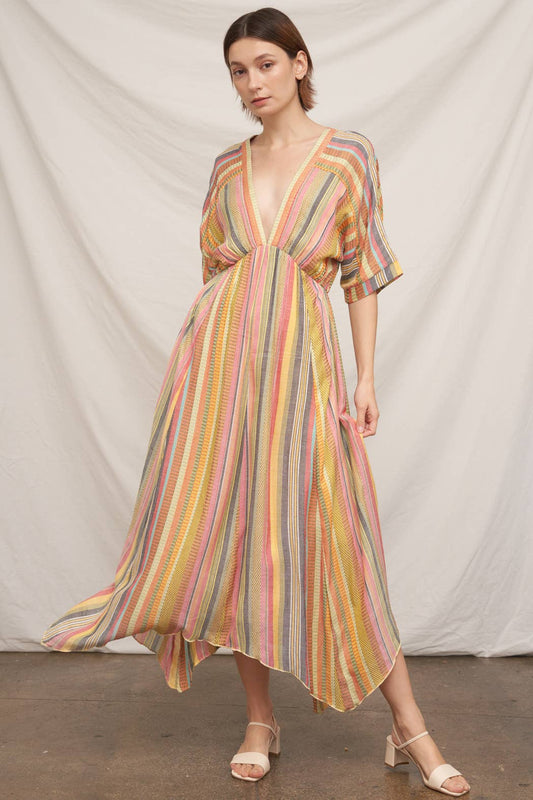 Kimono Sleeve Multicolor Striped V-Neck Midi Dress
