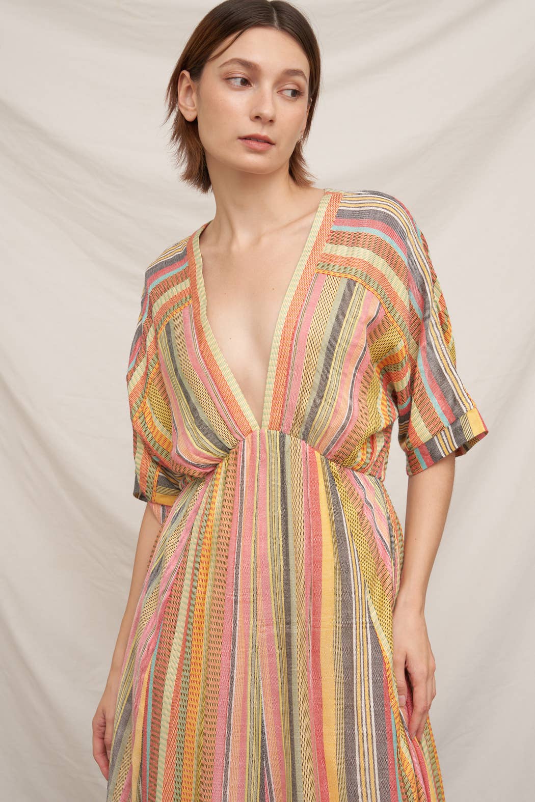 Kimono Sleeve Multicolor Striped V-Neck Midi Dress