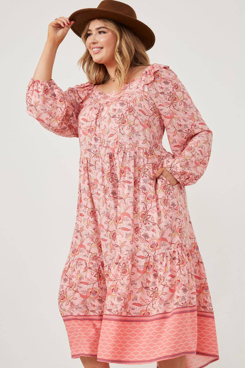 Pink Floral Tiered Midi Dress | Smock Style with Balloon Sleeves