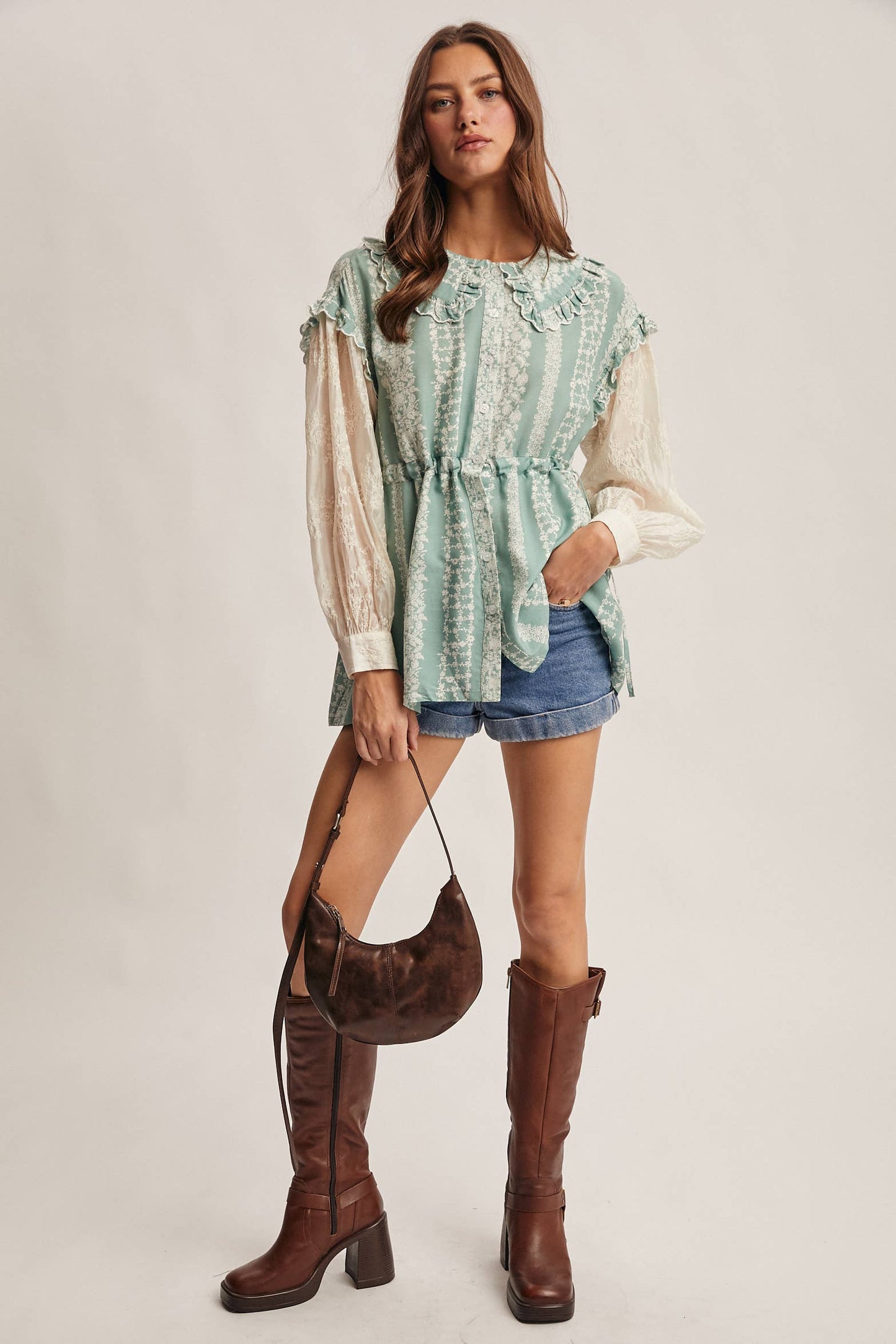 Floral Stripe Belted Blouse with Sheer Sleeves