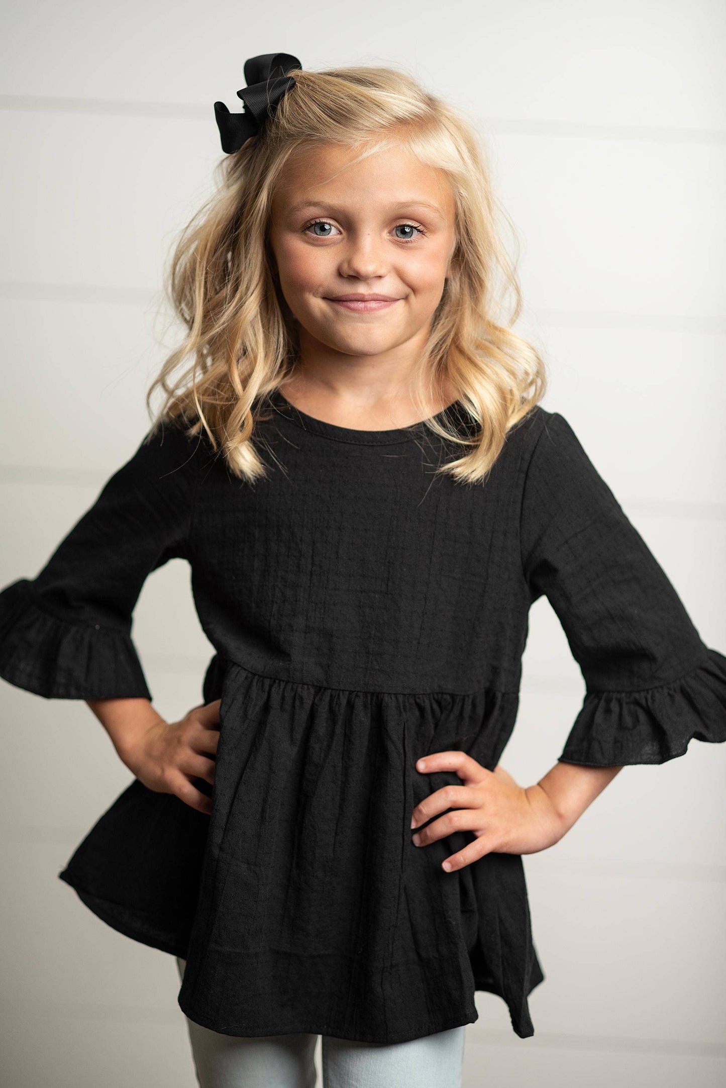 Girls Black Ruffle Long Sleeve Top