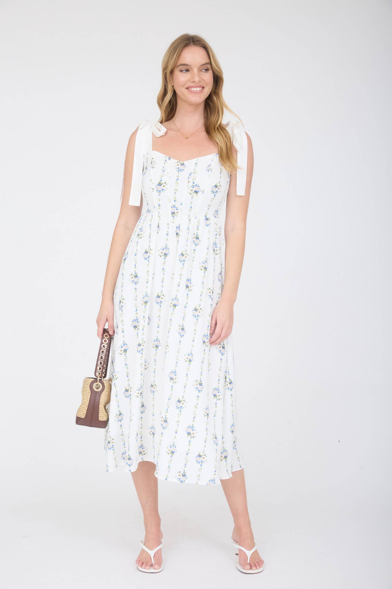 STRIPE FLORAL TIE STRAP CORSET MIDI DRESS
