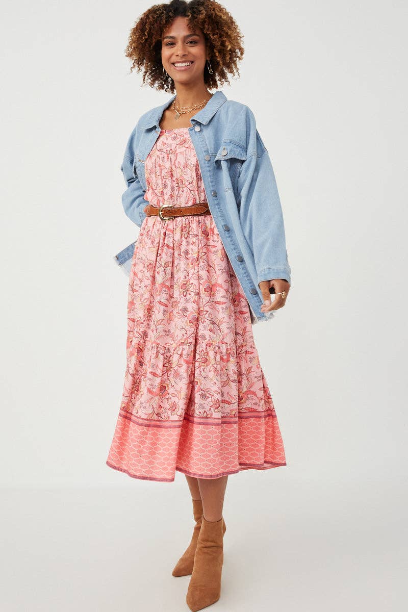 Pink Floral Tiered Midi Dress | Smock Style with Balloon Sleeves