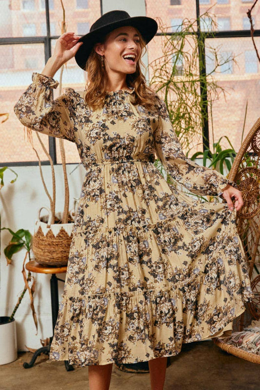 Boho Floral Print Tiered Midi Dress