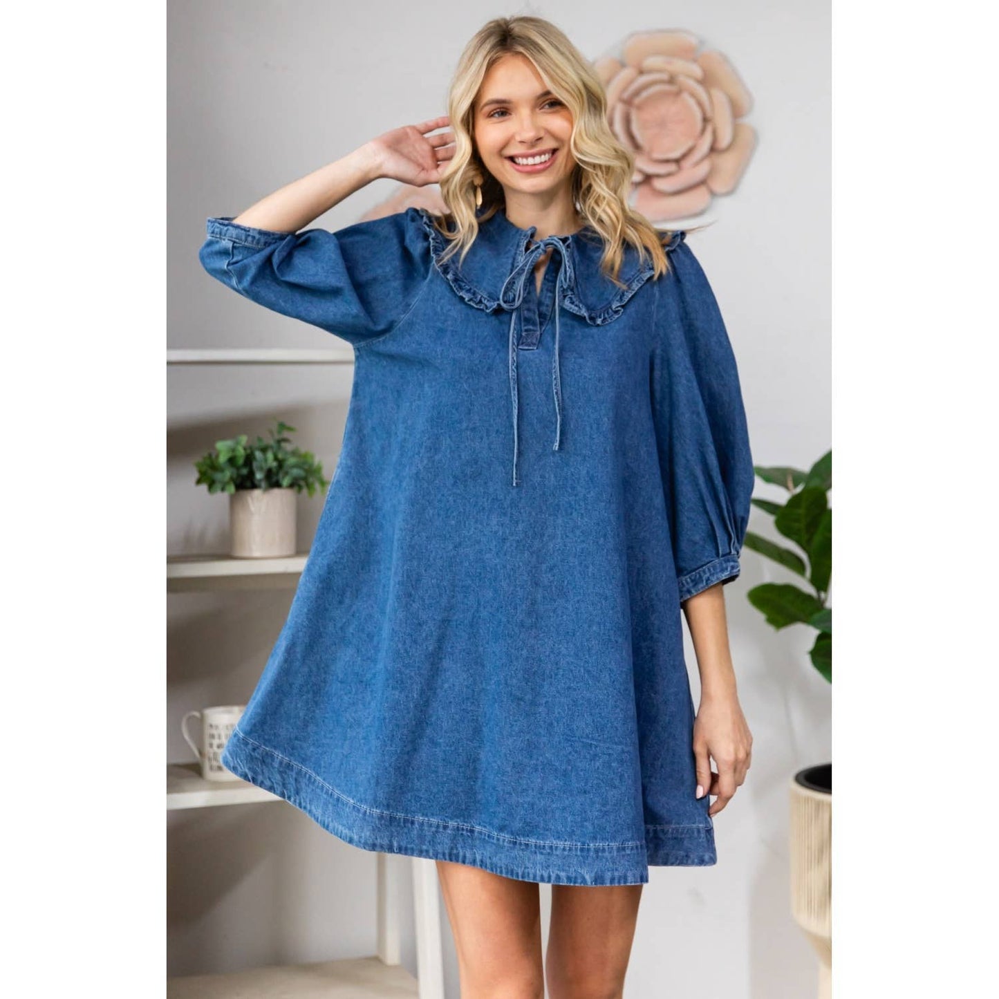 Ruffle V-Neck Denim Mini Dress with Tie Collar