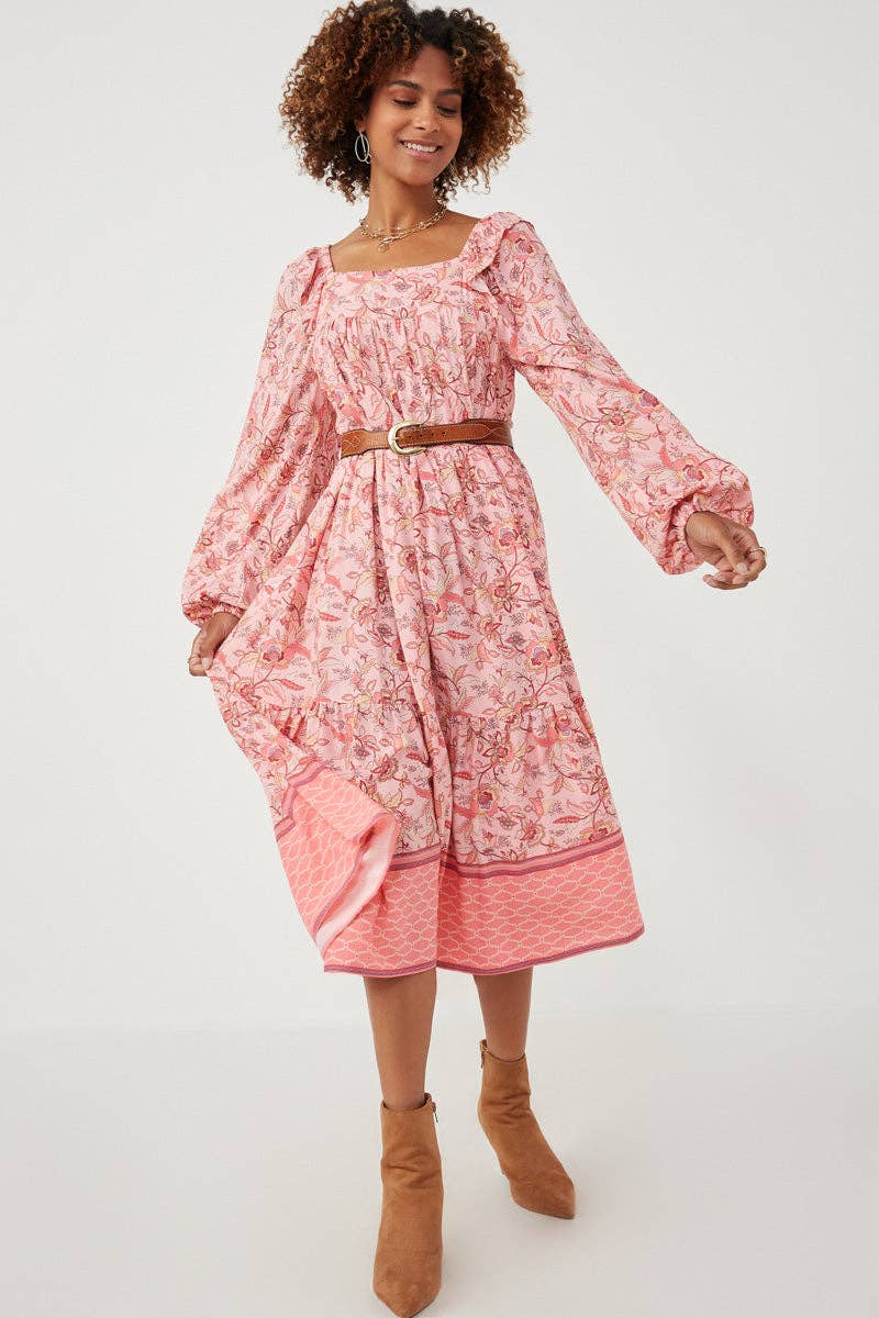 Pink Floral Tiered Midi Dress | Smock Style with Balloon Sleeves