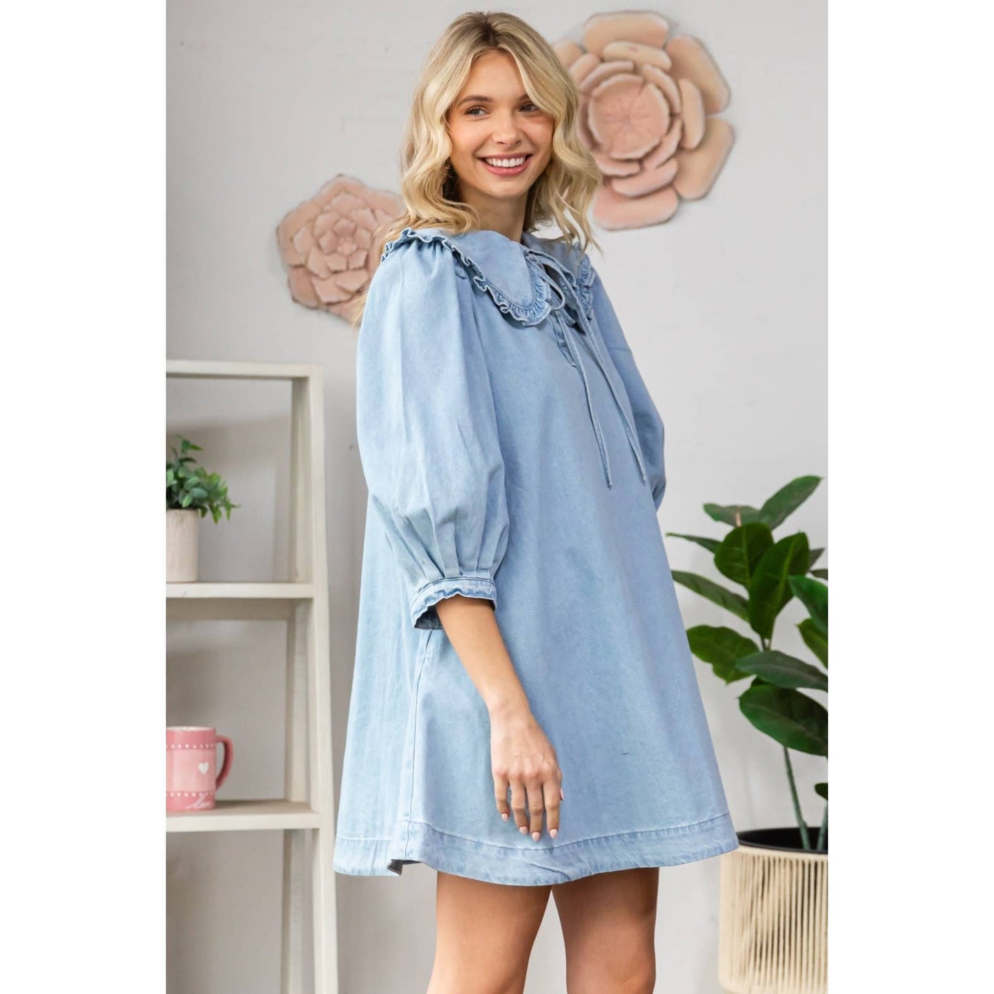 Ruffle V-Neck Denim Mini Dress with Tie Collar