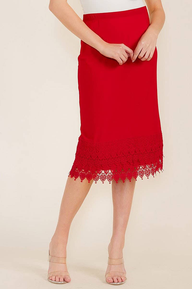 Red Lace Hem Pencil Skirt | High-Waist & Knee Length | USA The Purple Rose Boutique Red Lace Hem Pencil Skirt | High-Waist & Knee Length | USA The Purple Rose Boutique