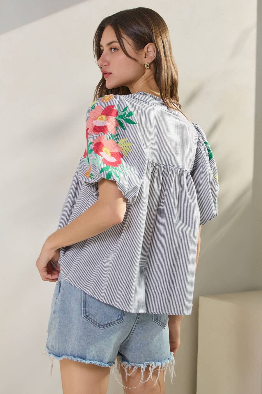 Striped Cotton Embroidered Blouse
