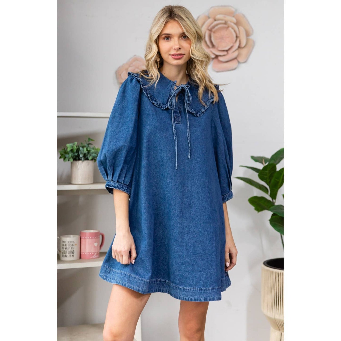 Ruffle V-Neck Denim Mini Dress with Tie Collar