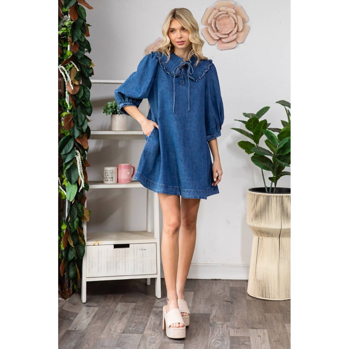 Ruffle V-Neck Denim Mini Dress with Tie Collar