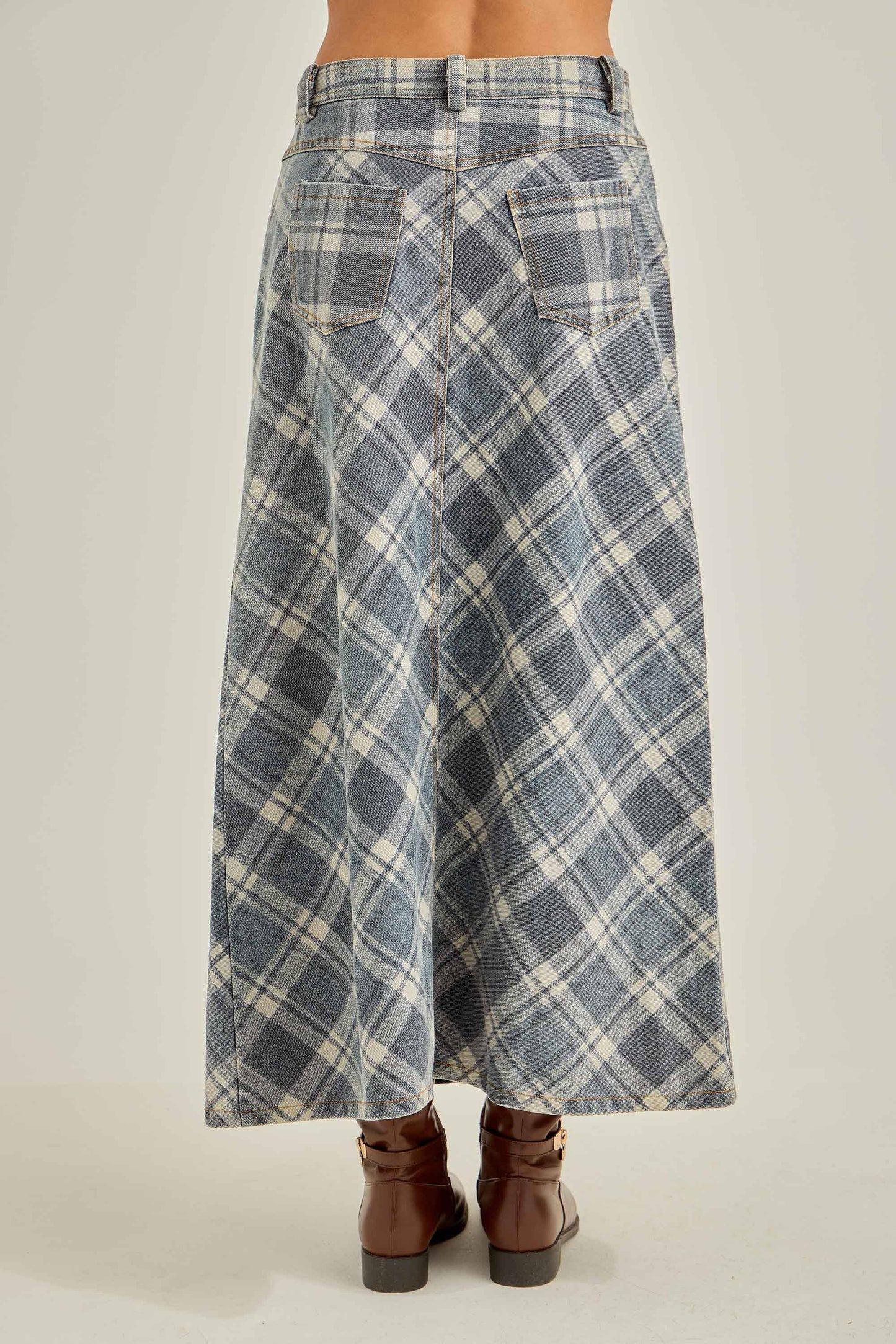 Denim Plaid A-Line Midi Skirt
