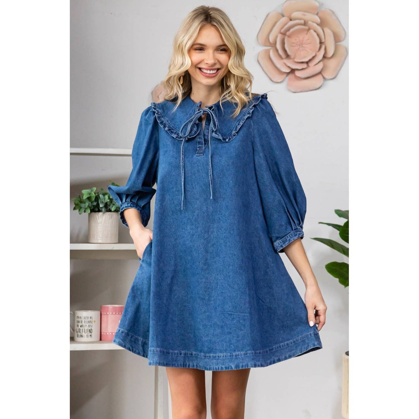 Ruffle V-Neck Denim Mini Dress with Tie Collar
