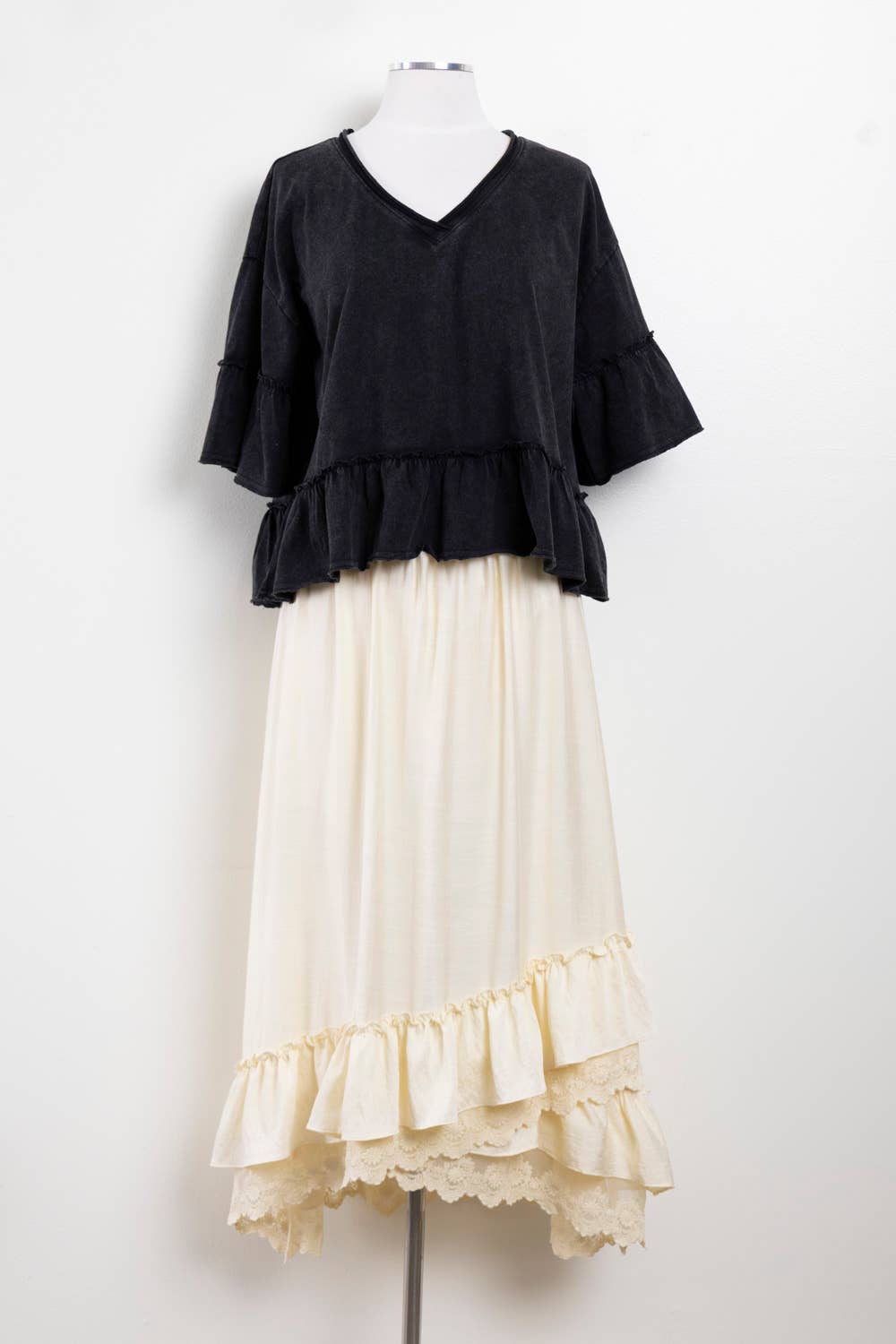 Ruffle Hem Lace Trim Midi Skirt