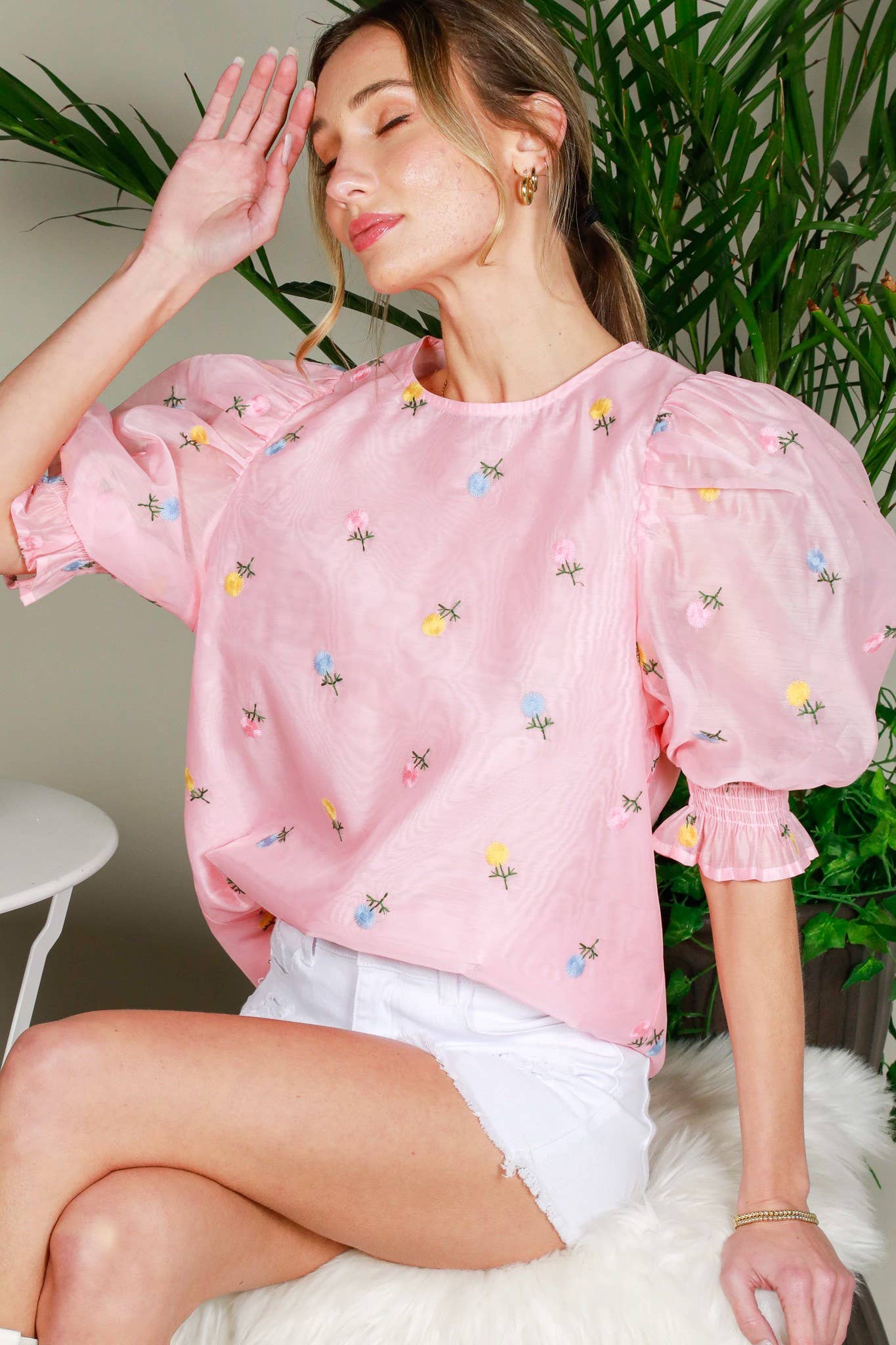 Chic Sheer Organza Blouse with Ditsy Floral Embroidery & Puffy Balloon Sleeves