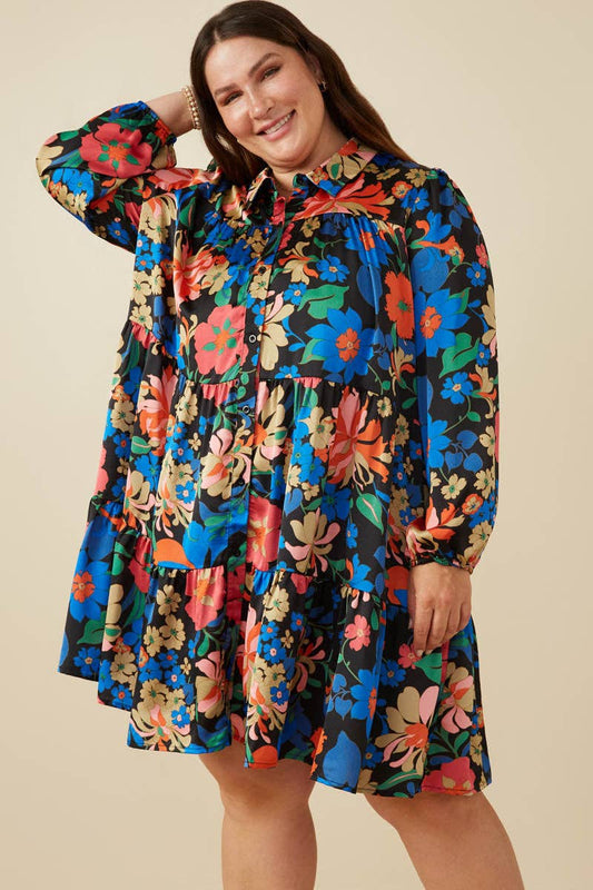 Retro Floral Button Down Tiered Tunic Dress