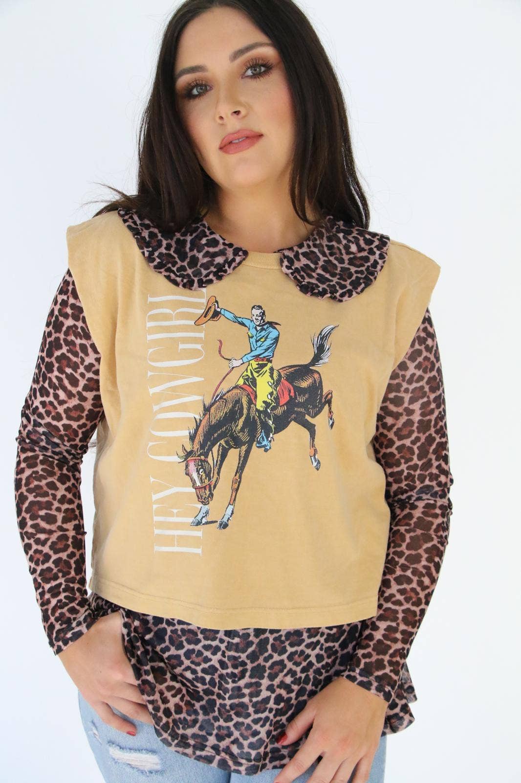 Cheetah Collar Mesh Top