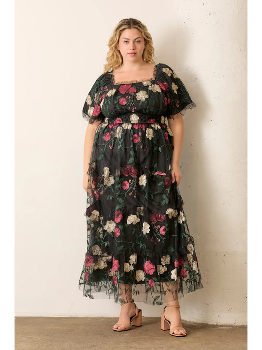 Floral Printed Ruffle Tiered Tulle Dress