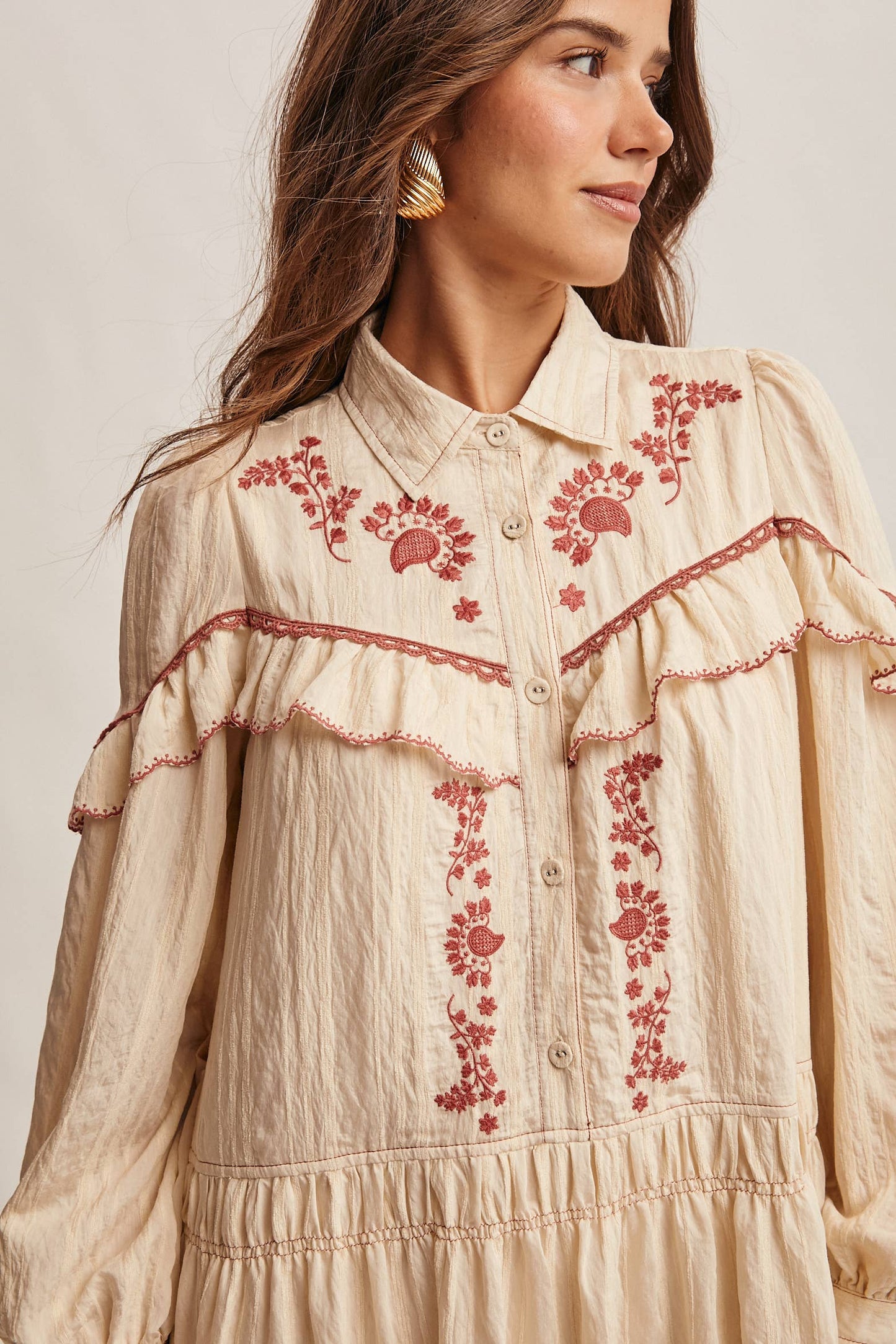 Embroidered Ruffle Trim Maxi Dress