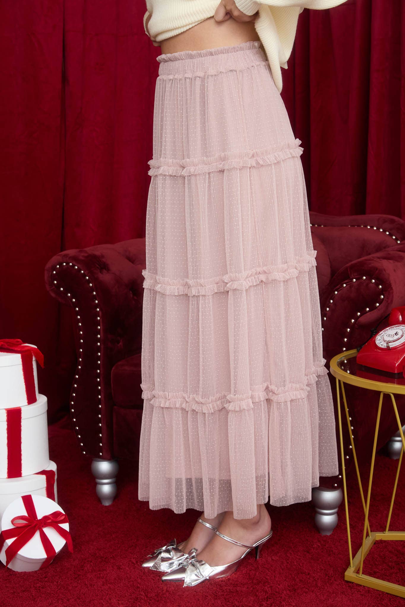 Polkadot Tulle Tiered Midi Skirt