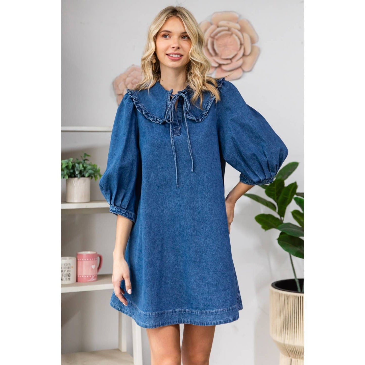 Ruffle V-Neck Denim Mini Dress with Tie Collar
