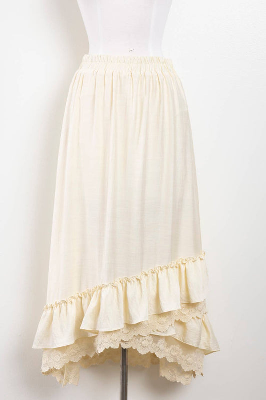 Ruffle Hem Lace Trim Midi Skirt