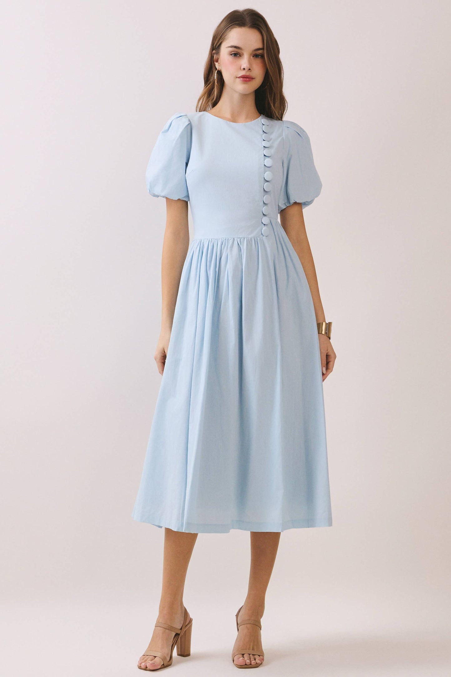 Puff Sleeve Round Neck Faux Button Dress