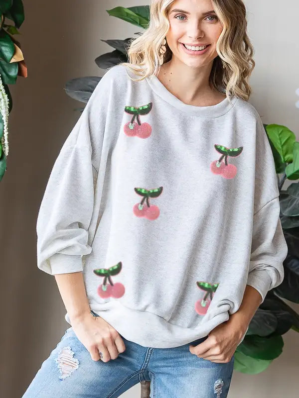 Oversized Sequined Cherry Graphic Sweatshirt - Cozy Western Vibe Pullover