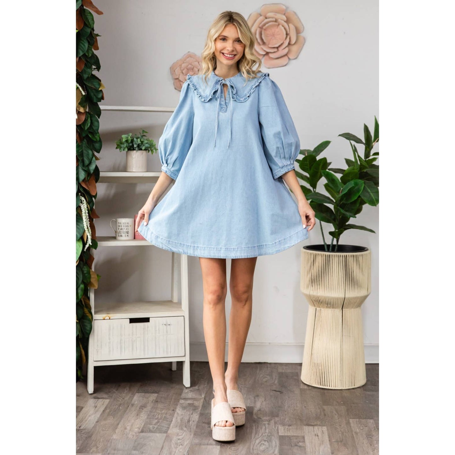 Ruffle V-Neck Denim Mini Dress with Tie Collar
