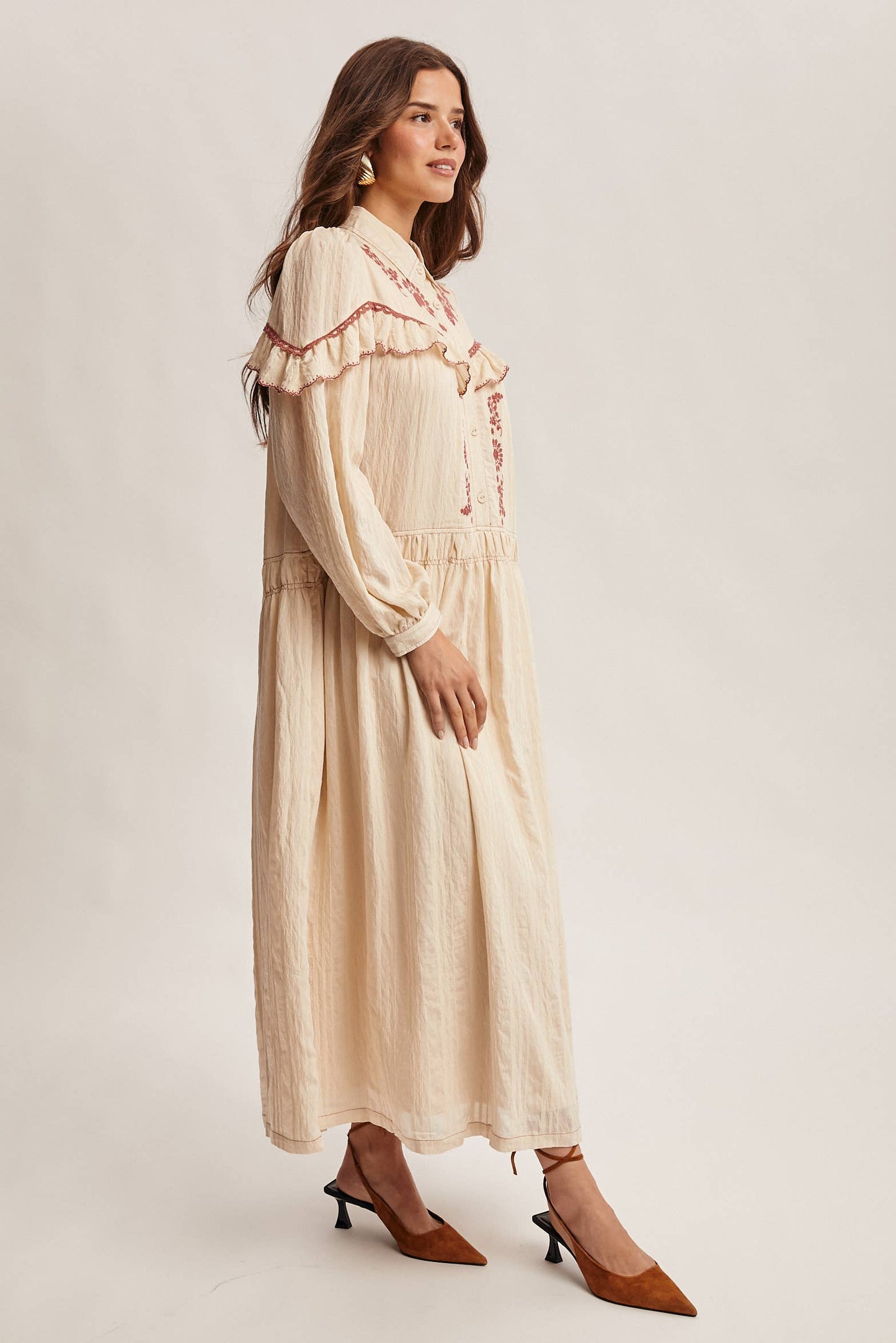 Embroidered Ruffle Trim Maxi Dress