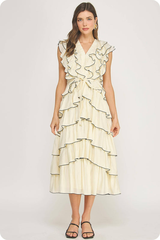 Cascading Ruffled Sleeveless Midi Dress