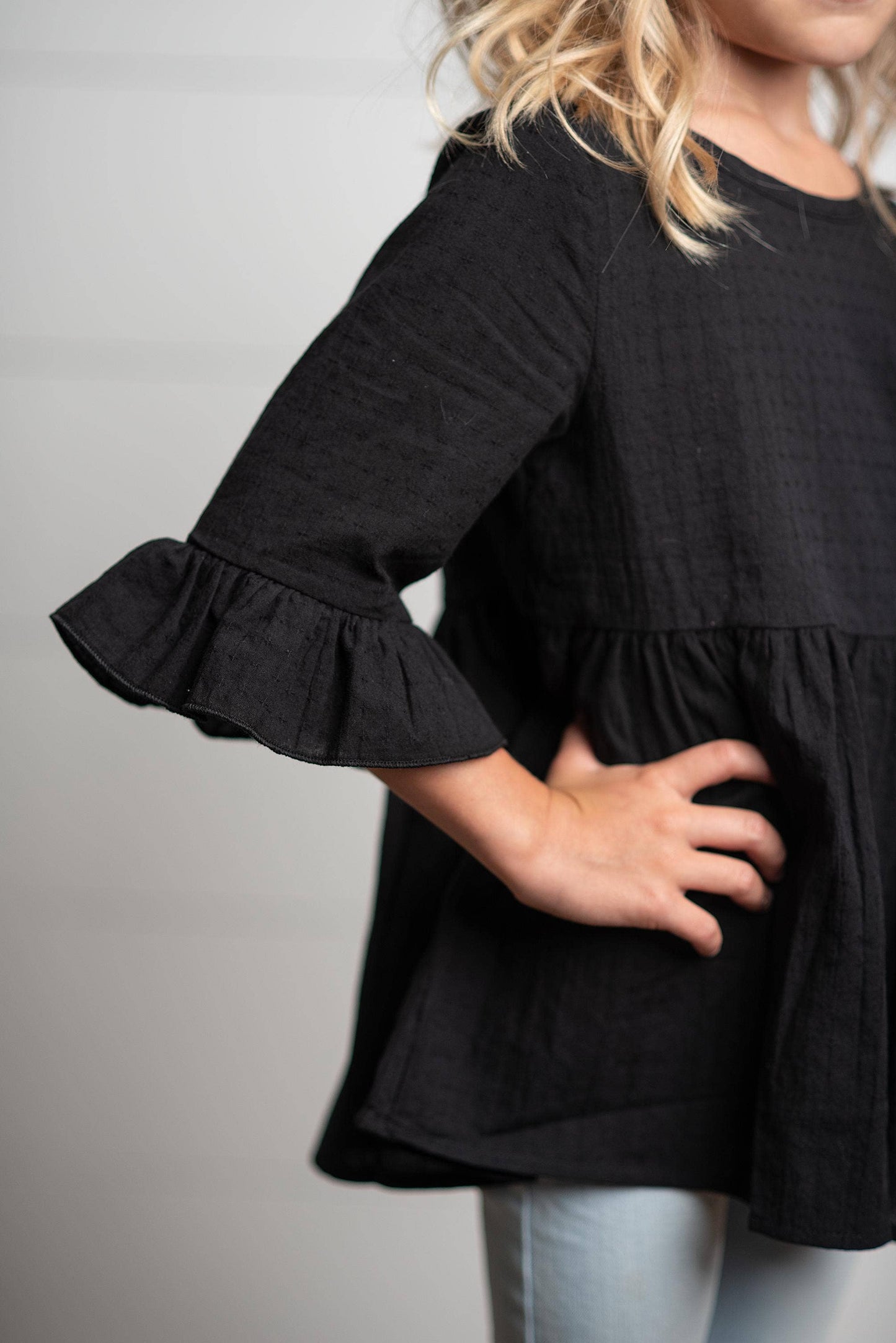 Girls Black Ruffle Long Sleeve Top