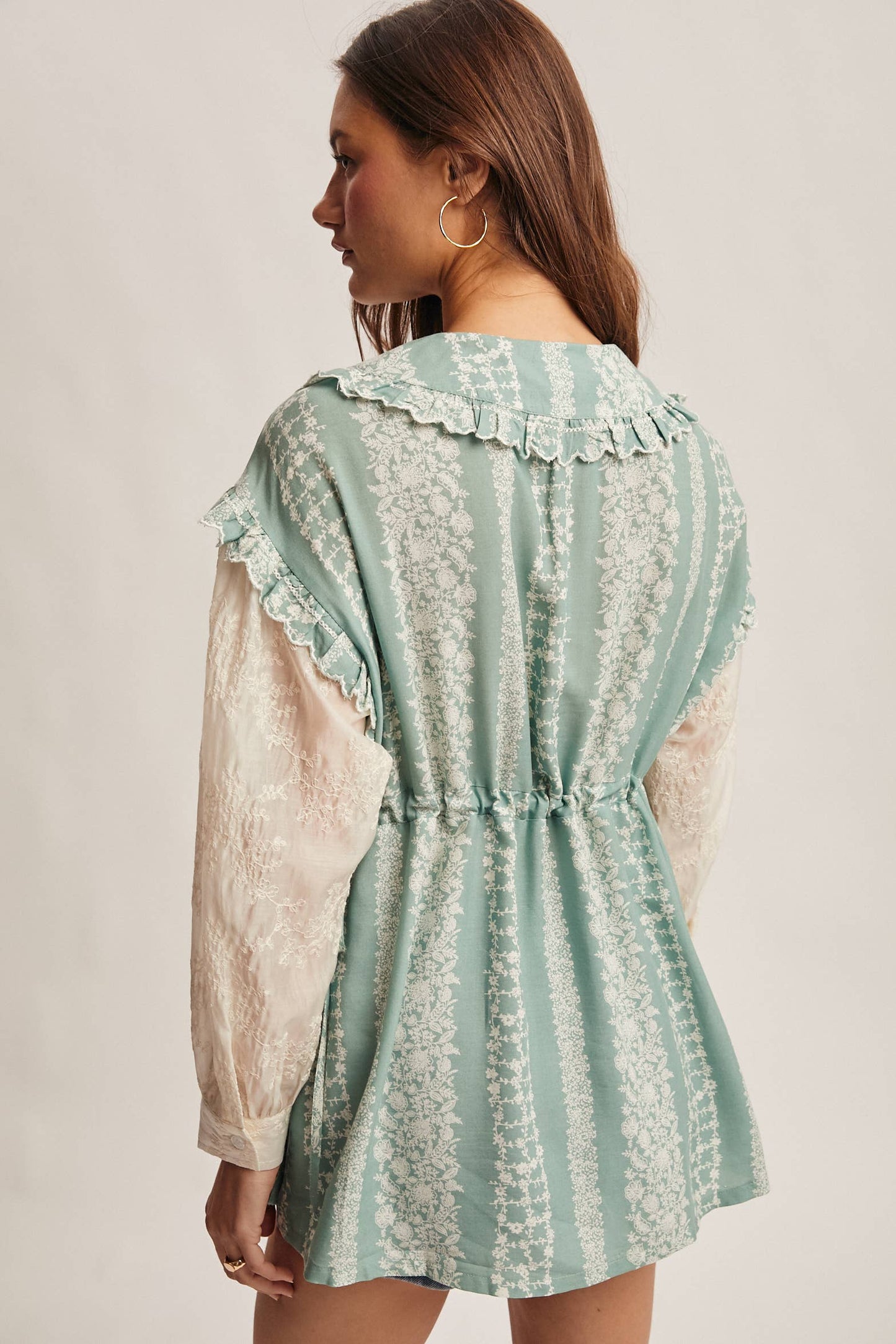 Floral Stripe Belted Blouse with Sheer Sleeves