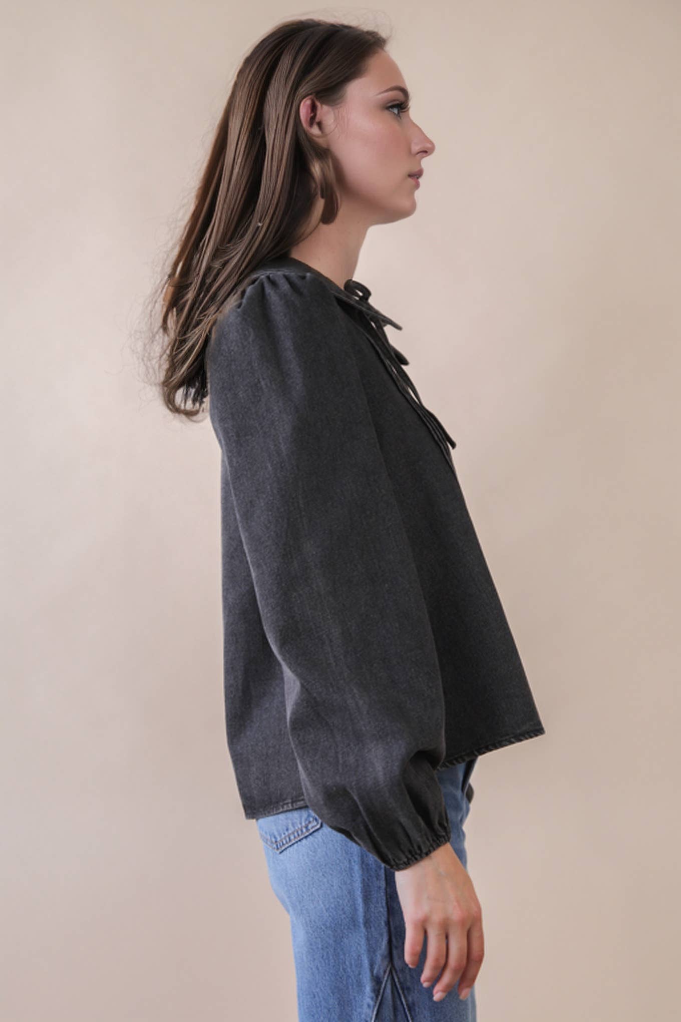 Mineral Washed Chambray Denim Blouse Top