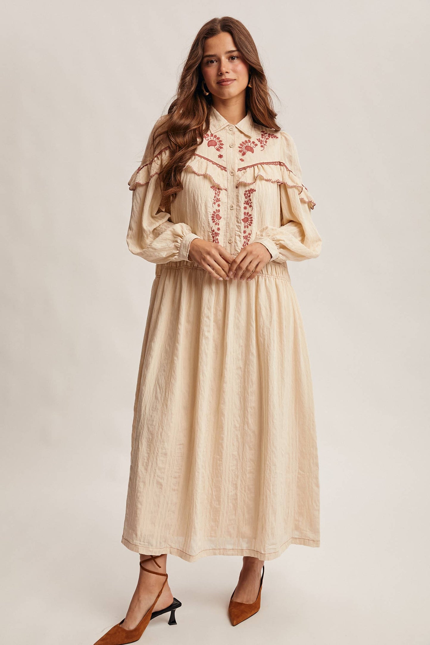 Embroidered Ruffle Trim Maxi Dress