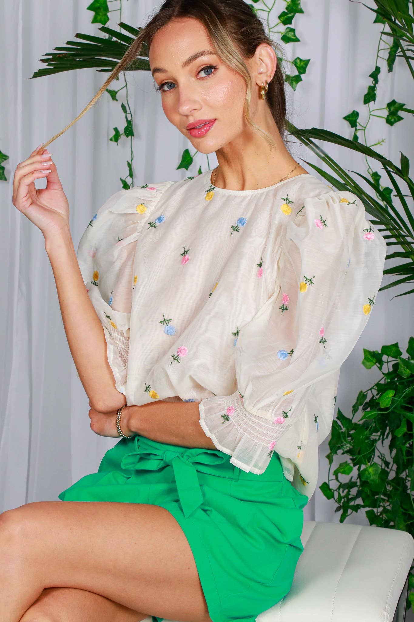 Chic Sheer Organza Blouse with Ditsy Floral Embroidery & Puffy Balloon Sleeves