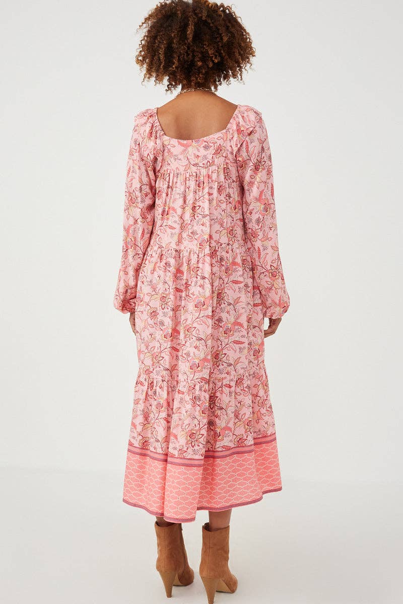 Pink Floral Tiered Midi Dress | Smock Style with Balloon Sleeves