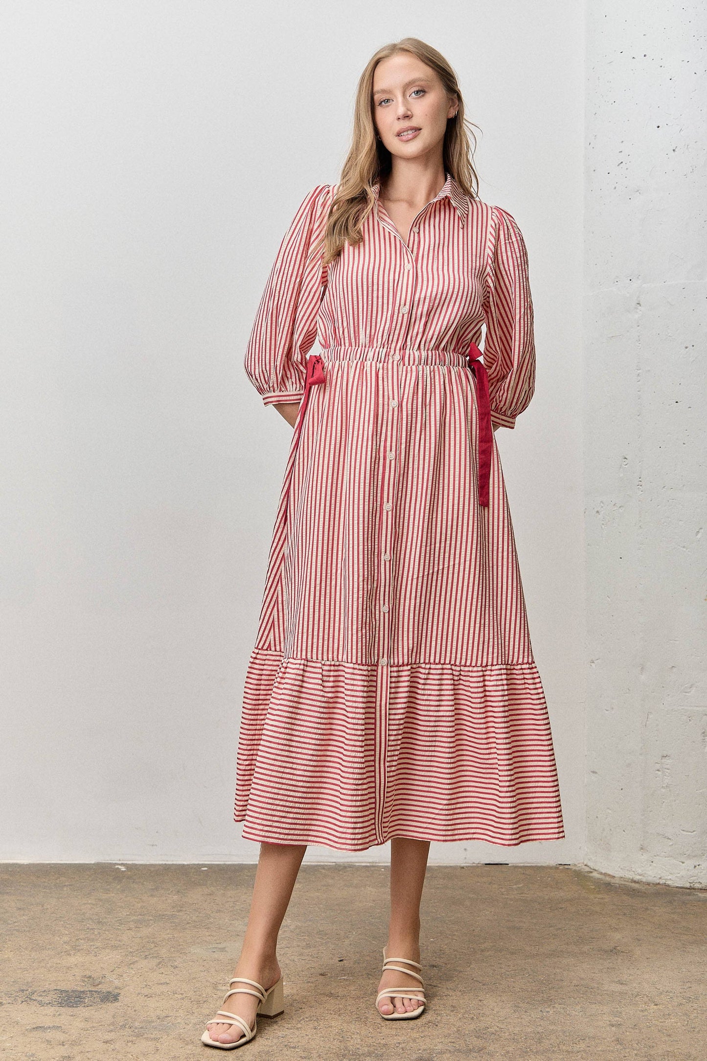 Red Stripe Ribbon Midi Dress