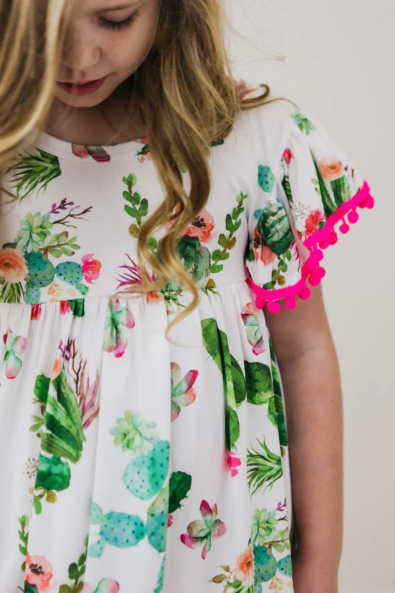 Toddler Girls Cactus Print Pom Pom Summer Dress | Beach & Play