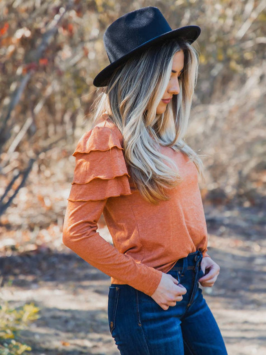 Aida Ruffle Shoulder Long Sleeve Top | Slim Fit Feminine Blouse